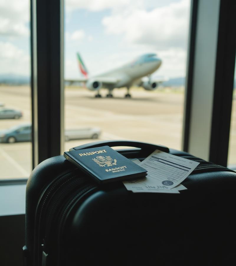 Suitcase with passport and boarding pass at an airport window