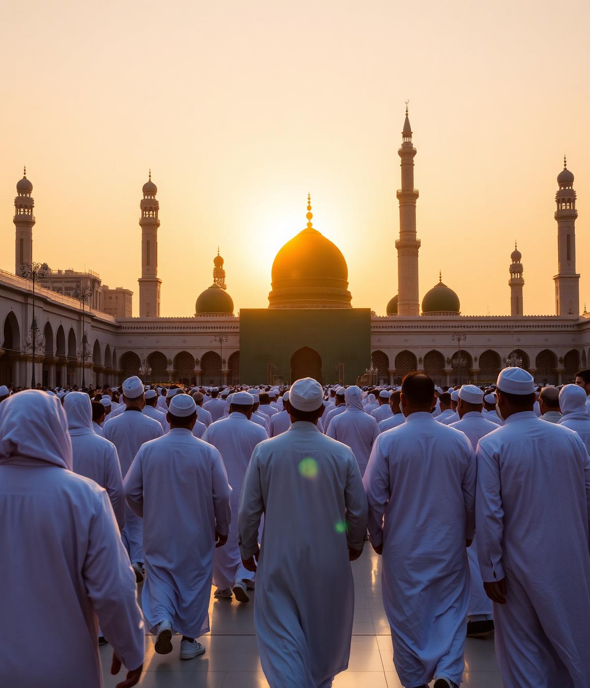 Pilgrims walking towards the Prophet’s Mosque in Madinah at sunrise